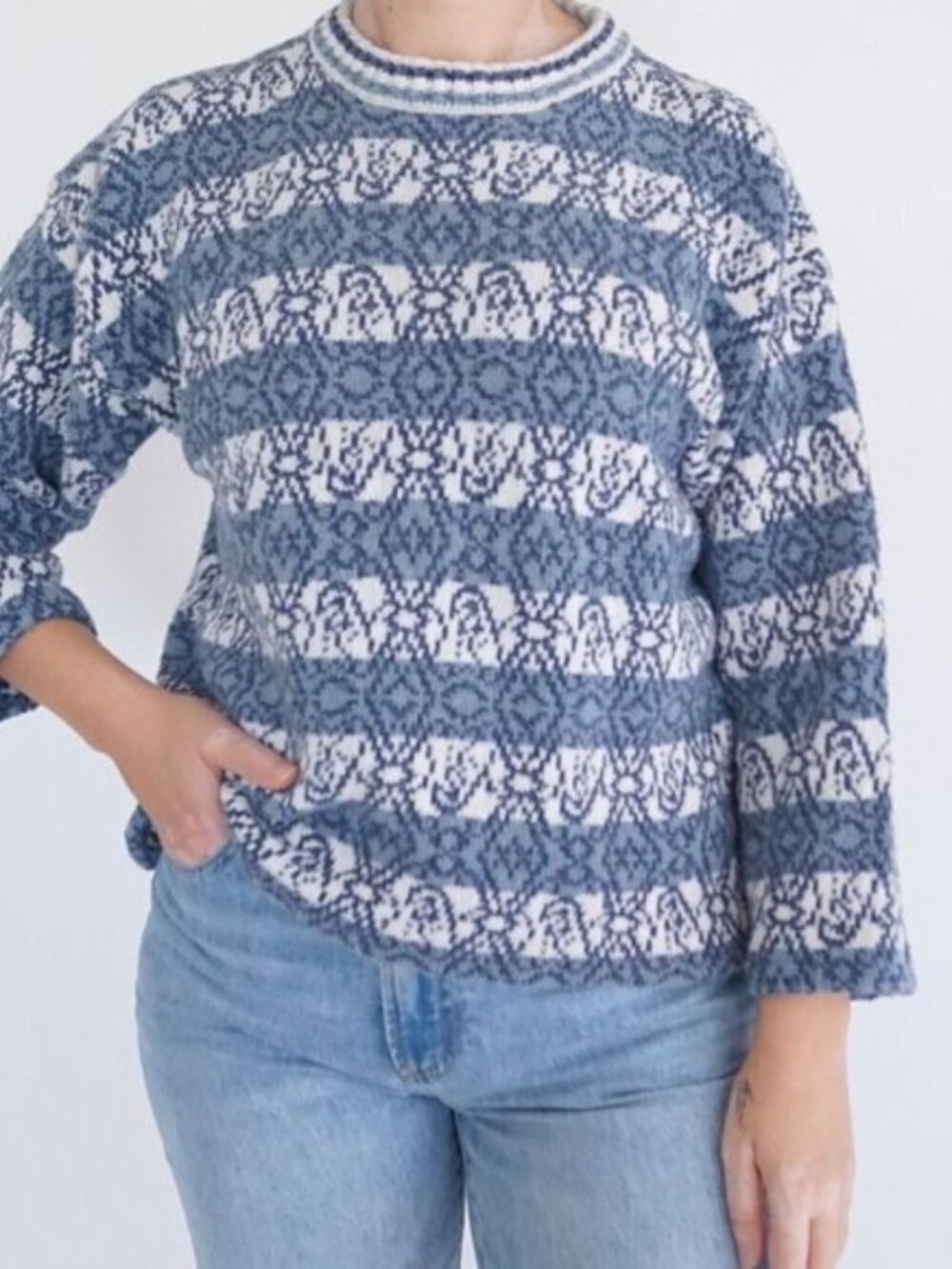 Vintage Concrete Cotton Knit Sweater Blue White Cottagecore Cabincore M